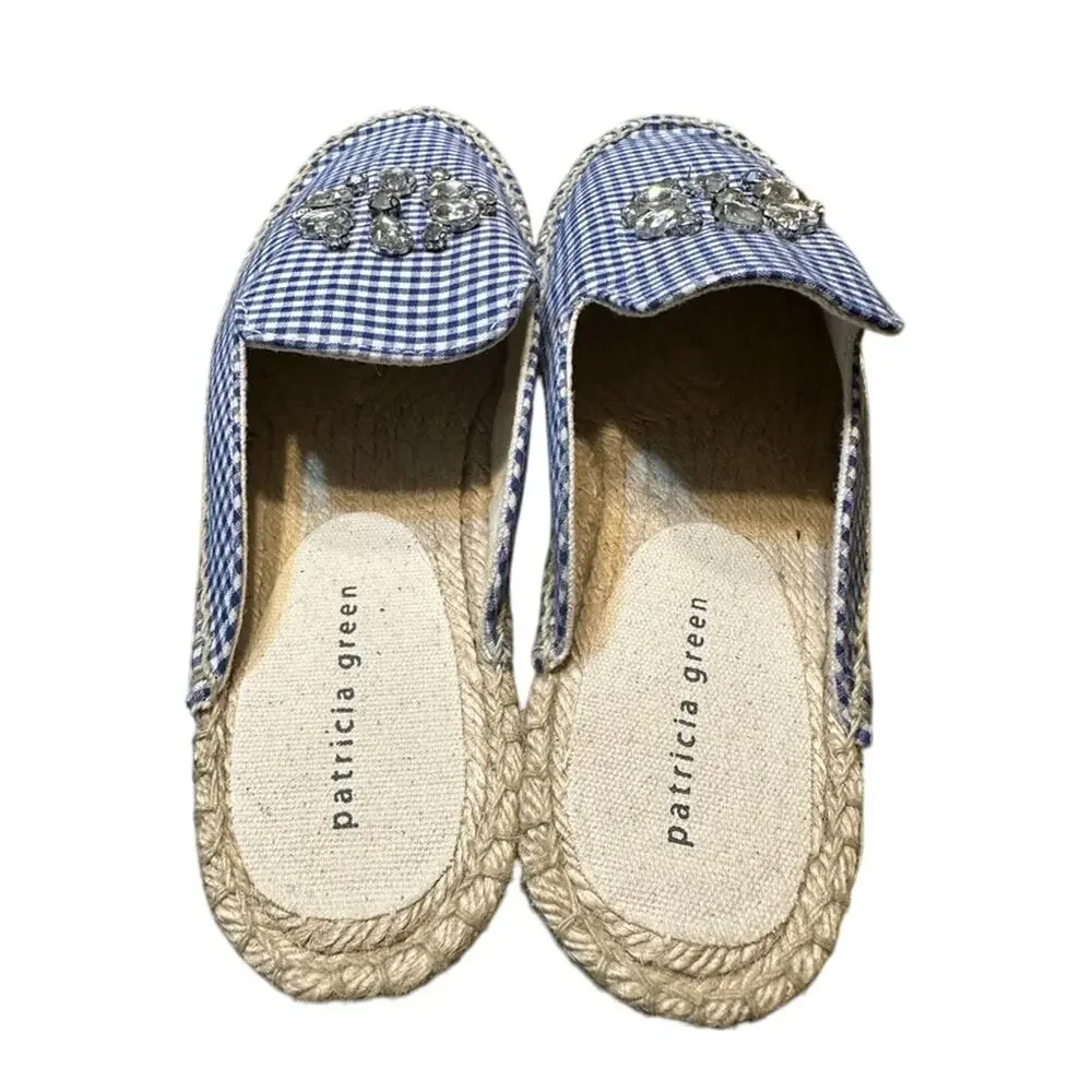 Patricia Green Gingham blue Glam Espadrille Mule‎ 6.5 EUC